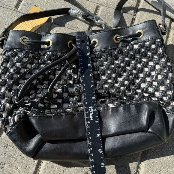 Marta Ponti Portugal Black Leather Woven Crossbody Bag Tan Fabric Great Gift NWT - Picture 12 of 13
